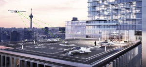 Urban Air Mobility VTOL aircraft on landing pad with GUMPS project positioning system providing radar-based detection